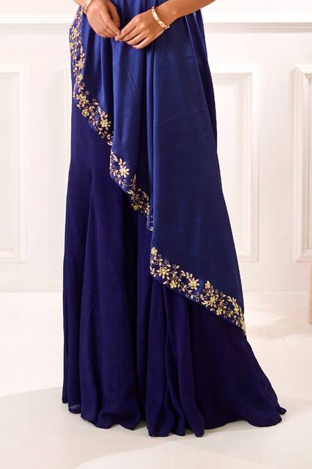 Rashika Sharma_Blue Satin, Lining Shantoon, Sharara Chiffon Sehar Embroidered Cape Set _at_Aza_Fashions