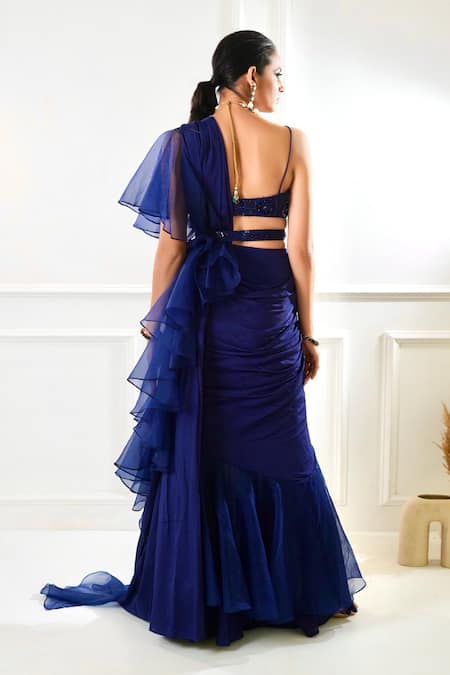 Shop_Rashika Sharma_Blue Nikasha Pre-draped Ruffle Saree With Blouse _at_Aza_Fashions