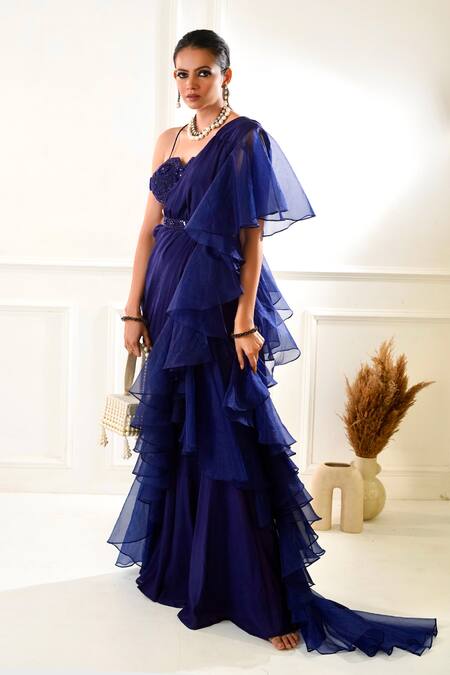 Rashika Sharma_Blue Nikasha Pre-draped Ruffle Saree With Blouse _Online_at_Aza_Fashions