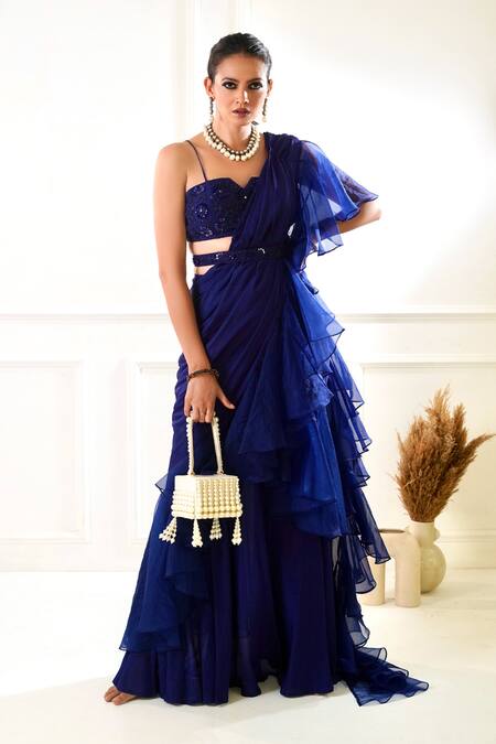 Buy_Rashika Sharma_Blue Nikasha Pre-draped Ruffle Saree With Blouse _Online_at_Aza_Fashions
