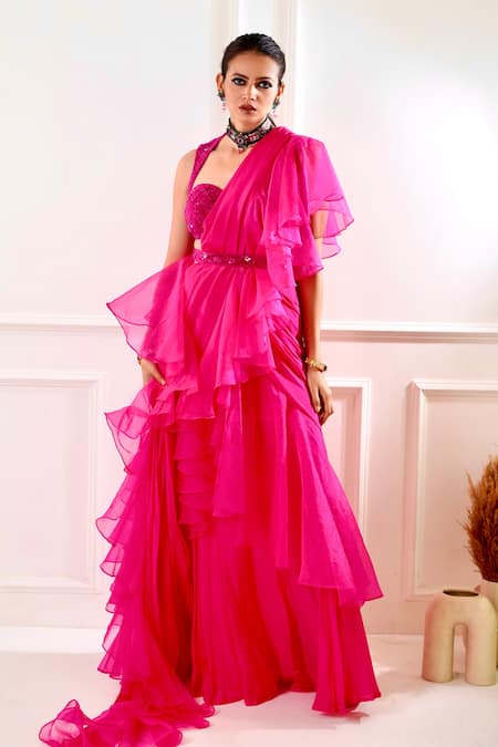 Buy_Rashika Sharma_Fuchsia Rosie Pre-draped Ruffle Saree With Blouse _Online_at_Aza_Fashions