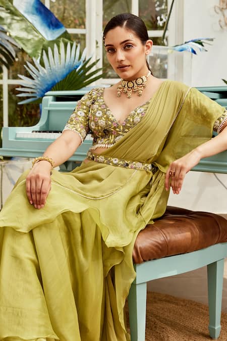 Buy Nikita Vishakha Green Organza Blouse Raw Silk, Saree Georgette Ruffle With Embroidered Online at Aza Fashions Buy_Nikita Vishakha_Green Organza Blouse Raw Silk, Saree Georgette Ruffle With Embroidered _Online_at_Aza_Fashions