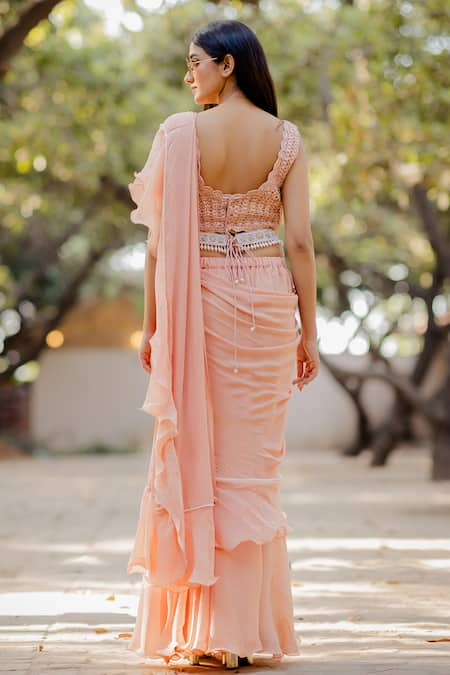 Peach silk georgette plain saree with designer blouse 42011 | Party wear  sarees, Saree, Blouse designs