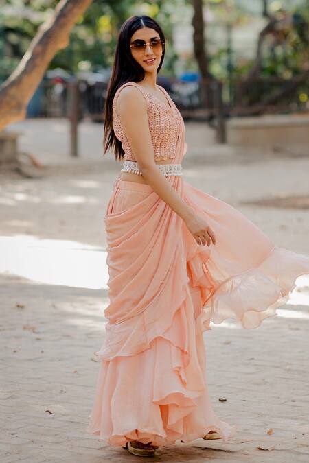 Flattering Peach Plain Lycra Trendy Saree