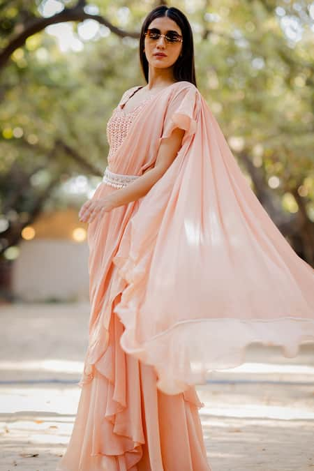 Buy Party Wear Georgette Saree With Peach Color In 2022