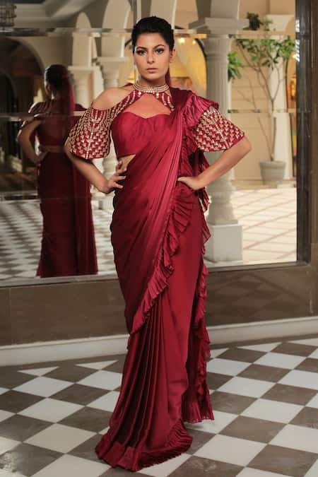 Shop Reynu Taandon Maroon Chiffon, Chanderi Silk Sweetheart Neck Frill Pre-draped Saree at Aza Fashions Shop_Reynu Taandon_Maroon Chiffon, Chanderi Silk Sweetheart Neck Frill Pre-draped Saree_at_Aza_Fashions