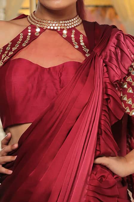 Buy Reynu Taandon Maroon Chiffon, Chanderi Silk Sweetheart Neck Frill Pre-draped Saree Online at Aza Fashions Buy_Reynu Taandon_Maroon Chiffon, Chanderi Silk Sweetheart Neck Frill Pre-draped Saree_Online_at_Aza_Fashions