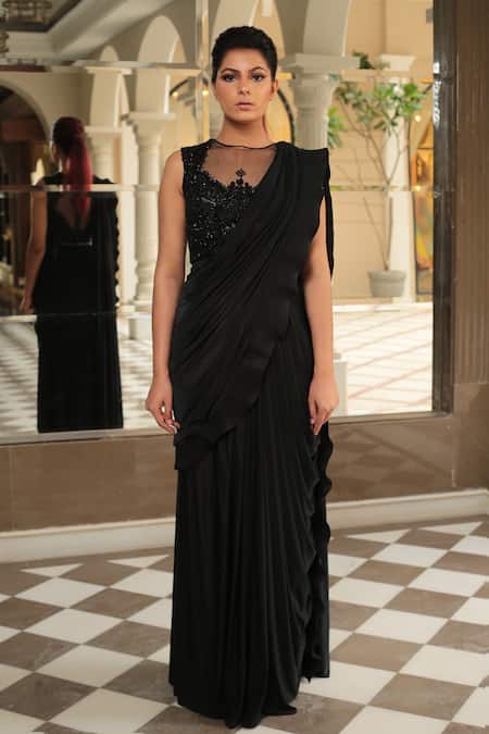 Reynu Taandon_Black Net, Lycra Round Ruffle Pre-draped Saree_Online_at_Aza_Fashions