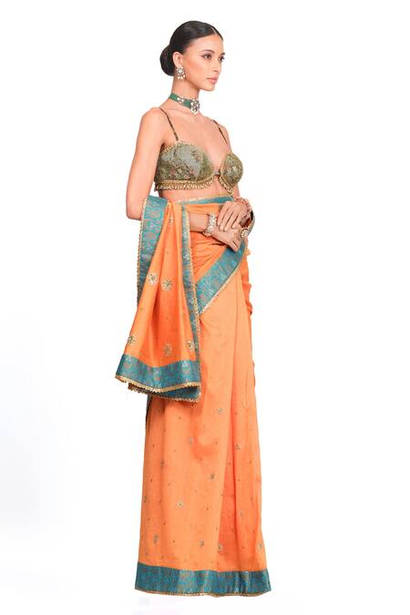 Rocky Star Orange Chanderi Sequin, Scattered Sweetheart Neck Saree With Bustier Online at Aza Fashions Rocky Star_Orange Chanderi Sequin, Scattered Sweetheart Neck Saree With Bustier_Online_at_Aza_Fashions