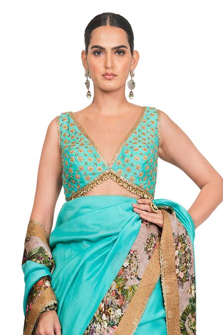 Shop_Rocky Star_Blue Chanderi Floral, Sequin V Neck Saree With Blouse_Online_at_Aza_Fashions