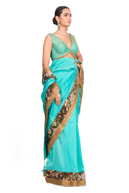 Rocky Star_Blue Chanderi Floral, Sequin V Neck Saree With Blouse_Online_at_Aza_Fashions