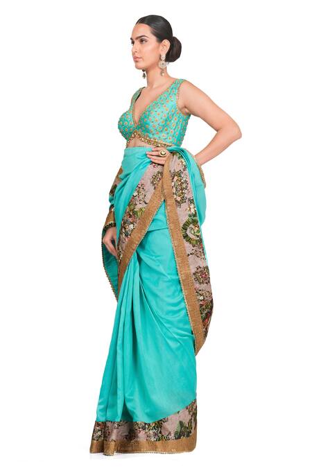 Buy_Rocky Star_Blue Chanderi Floral, Sequin V Neck Saree With Blouse_Online_at_Aza_Fashions