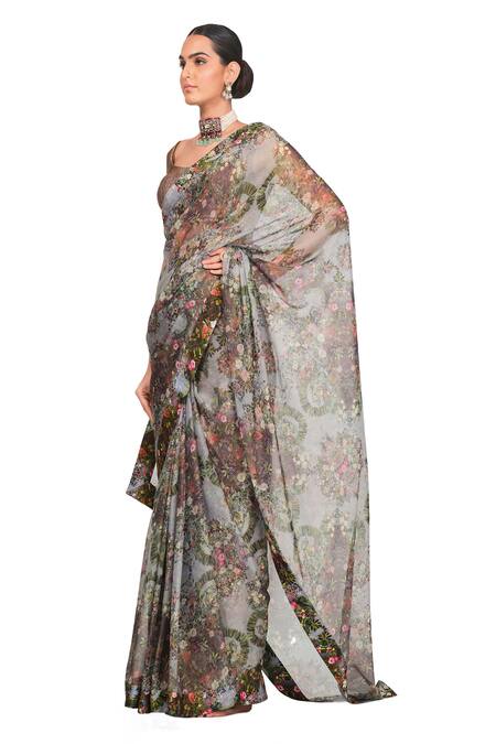 Buy_Rocky Star_Multi Color Organza, Brocade Floral Boat Neck Printed Saree With Blouse_Online_at_Aza_Fashions