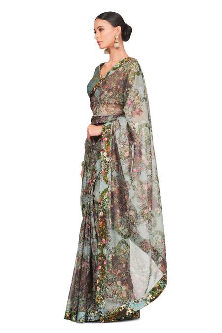 Buy Rocky Star Multi Color Organza, Brocade Floral Leaf Neck Print Saree With Blouse Online at Aza Fashions Buy_Rocky Star_Multi Color Organza, Brocade Floral Leaf Neck Print Saree With Blouse_Online_at_Aza_Fashions