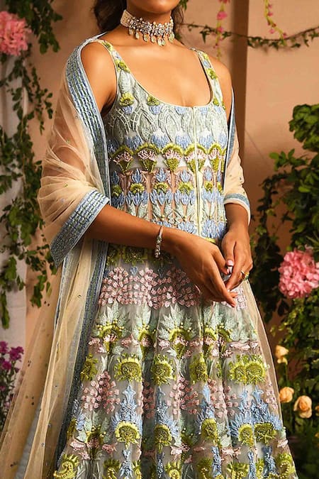 Buy_Reynu Taandon_Beige Net, Chanderi Silk Cutdana, Leilani Sheer Anarkali Jacket And Lehenga Set_Online_at_Aza_Fashions