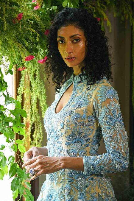 Buy_Reynu Taandon_Blue Net Round Erica Kurta And Lehenga Set _Online_at_Aza_Fashions