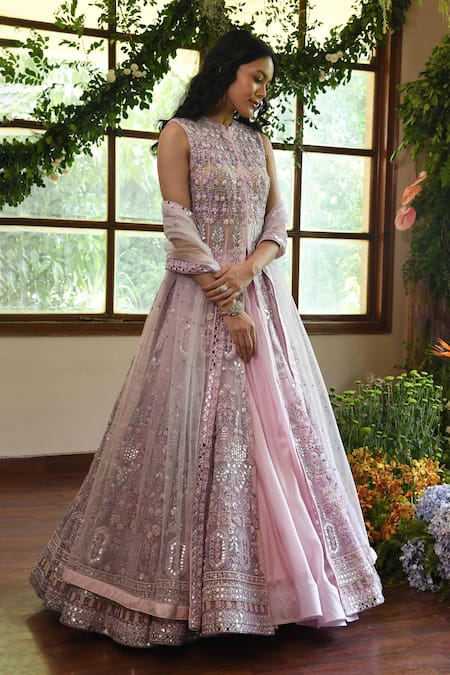 Reynu Taandon Pink Net Embroidery Round Azalea Jacket And Lehenga Set  