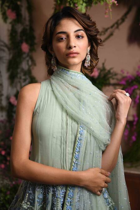 Buy_Reynu Taandon_Green Net, Georgette Round Jasmine Anarkali Sharara Set_Online_at_Aza_Fashions