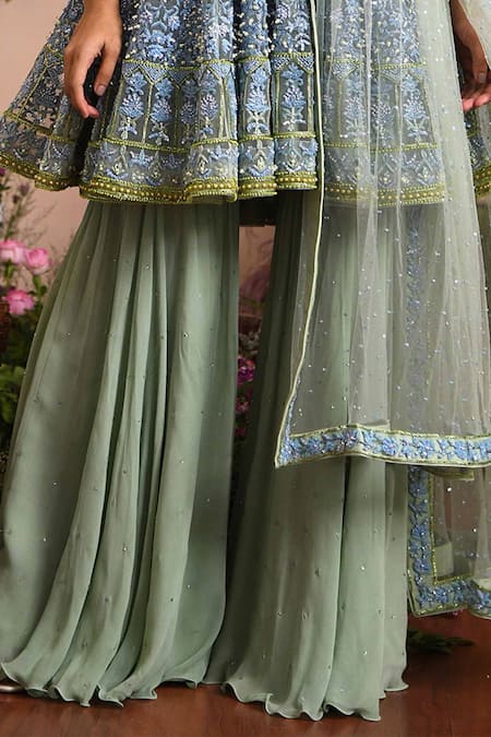 Shop_Reynu Taandon_Green Net, Georgette Round Jasmine Anarkali Sharara Set_Online_at_Aza_Fashions