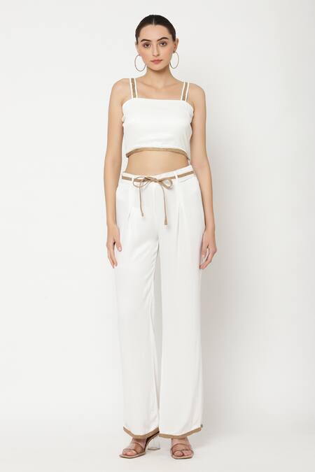 Musal_Ivory Viscose Moss Satin Straight Zinfandel Tube Top And Pant Set_Online_at_Aza_Fashions