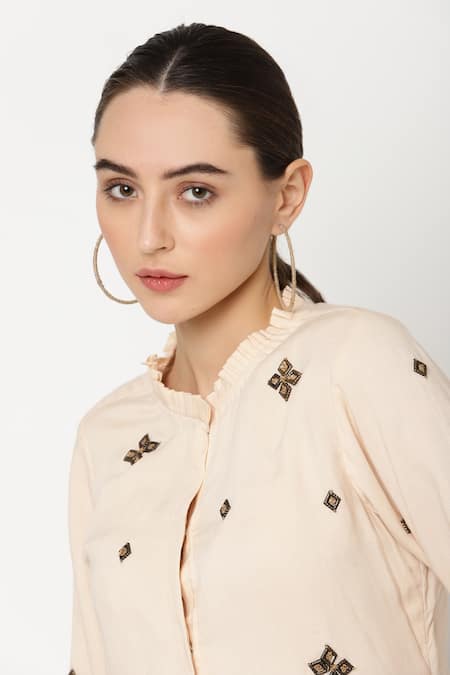 Musal_Cream Cotton Modal Metal And Jute Embroidery Pleated Gris Shirt_at_Aza_Fashions