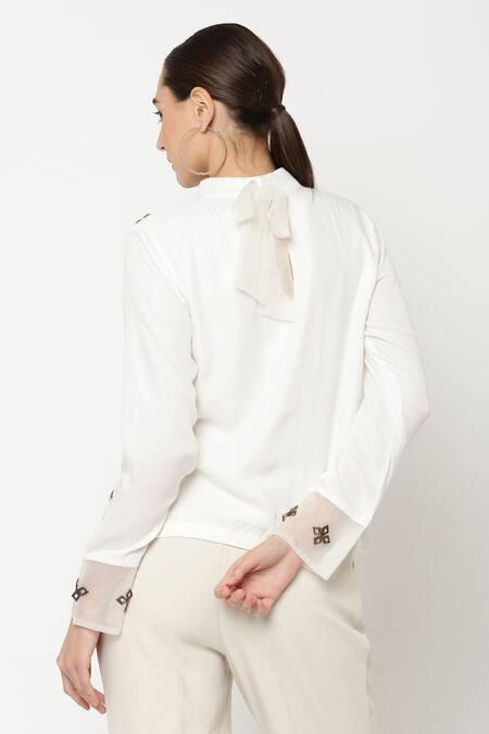 Shop Musal Ivory Silk Organza, Lotus Cotton Metal And Jute Embroidery High Noir Top at Aza Fashions Shop_Musal_Ivory Silk Organza, Lotus Cotton Metal And Jute Embroidery High Noir Top_at_Aza_Fashions