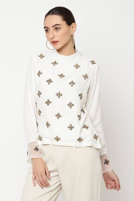 Buy Musal Ivory Silk Organza, Lotus Cotton Metal And Jute Embroidery High Noir Top Online at Aza Fashions Buy_Musal_Ivory Silk Organza, Lotus Cotton Metal And Jute Embroidery High Noir Top_Online_at_Aza_Fashions