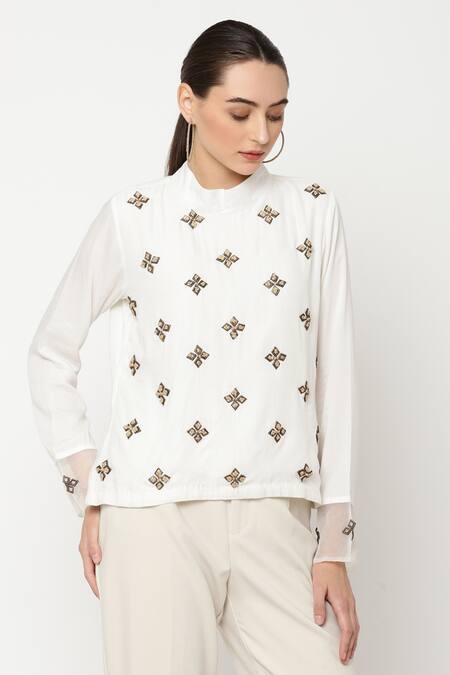Shop Musal Ivory Silk Organza, Lotus Cotton Metal And Jute Embroidery High Noir Top Online at Aza Fashions Shop_Musal_Ivory Silk Organza, Lotus Cotton Metal And Jute Embroidery High Noir Top_Online_at_Aza_Fashions