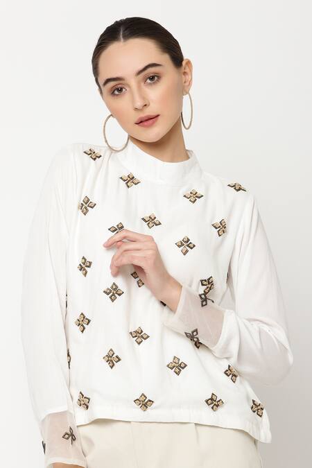 Musal_Ivory Silk Organza, Lotus Cotton Metal And Jute Embroidery High Noir Top_at_Aza_Fashions