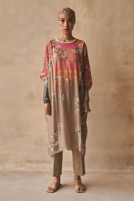 Shop Aseem Kapoor Beige Pant Linen Tunic Silk Round Printed And Set at Aza Fashions Shop_Aseem Kapoor_Beige Pant Linen Tunic Silk Round Printed And Set_at_Aza_Fashions