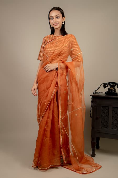 Ikshita Choudhary Orange Saree Organza Blouse Chanderi Petticoat Satin Embroidered With