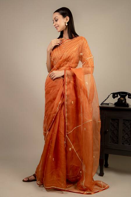Buy_Ikshita Choudhary_Orange Saree Organza Blouse Chanderi Petticoat Satin Embroidered With_Online_at_Aza_Fashions