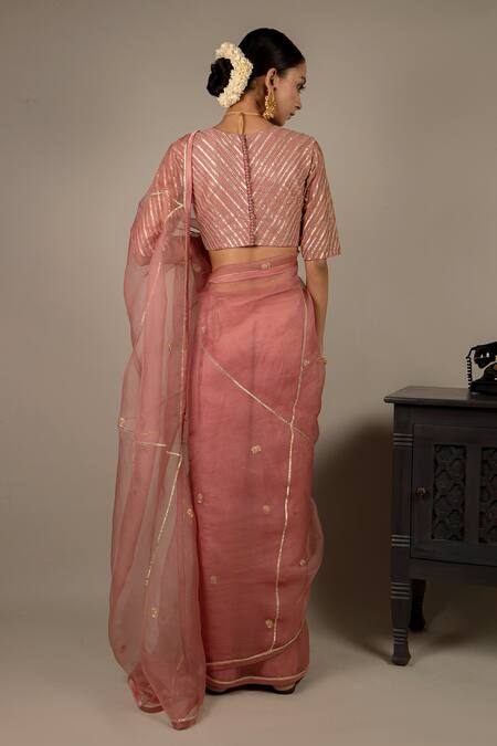 Shop Ikshita Choudhary Peach Saree Organza Blouse Chanderi Petticoat Satin Embroidered With at Aza Fashions Shop_Ikshita Choudhary_Peach Saree Organza Blouse Chanderi Petticoat Satin Embroidered With_at_Aza_Fashions