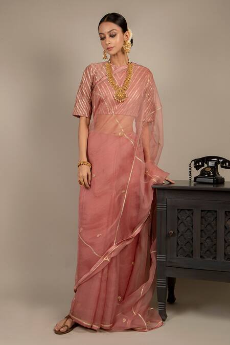 Ikshita Choudhary Peach Saree Organza Blouse Chanderi Petticoat Satin Embroidered With Online at Aza Fashions Ikshita Choudhary_Peach Saree Organza Blouse Chanderi Petticoat Satin Embroidered With_Online_at_Aza_Fashions