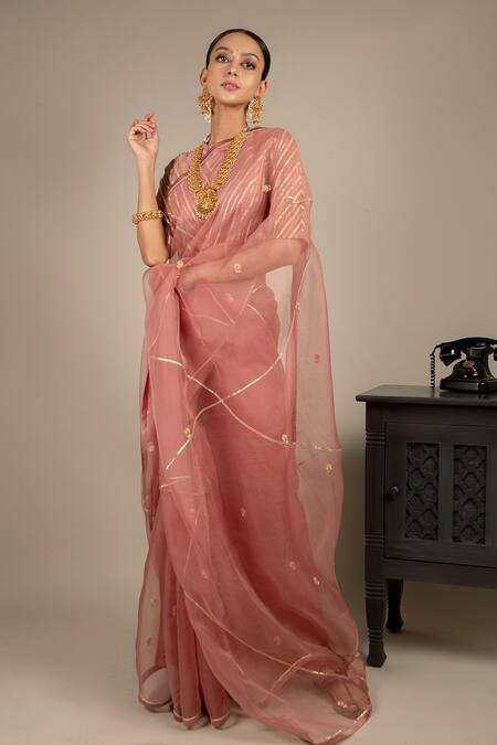 Buy Ikshita Choudhary Peach Saree Organza Blouse Chanderi Petticoat Satin Embroidered With Online at Aza Fashions Buy_Ikshita Choudhary_Peach Saree Organza Blouse Chanderi Petticoat Satin Embroidered With_Online_at_Aza_Fashions