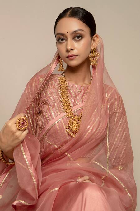 Shop Ikshita Choudhary Peach Saree Organza Blouse Chanderi Petticoat Satin Embroidered With Online at Aza Fashions Shop_Ikshita Choudhary_Peach Saree Organza Blouse Chanderi Petticoat Satin Embroidered With_Online_at_Aza_Fashions