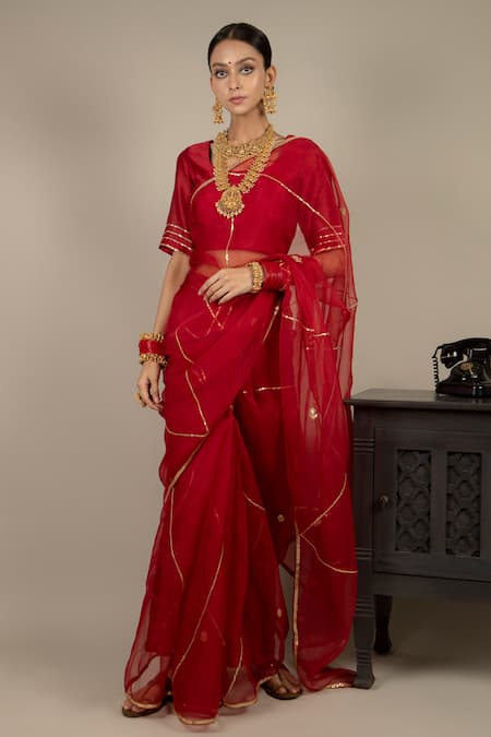 Ikshita Choudhary Red Saree Organza Blouse Chanderi Petticoat Satin Embroidered Floral Set