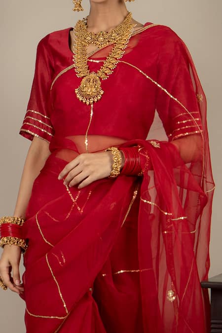 Red embroidered chanderi blouse with net saree and satin petticoat –  Ikshita Choudhary