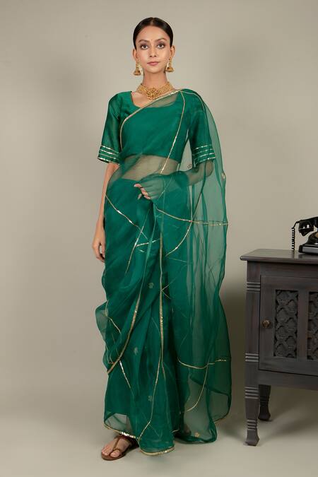 Ikshita Choudhary_Green Saree Organza Blouse Chanderi Petticoat Satin Embroidered Floral With_Online_at_Aza_Fashions