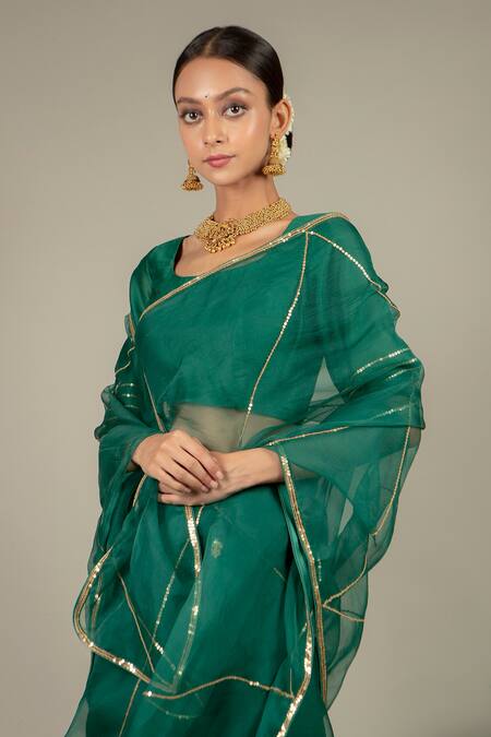 Buy_Ikshita Choudhary_Green Saree Organza Blouse Chanderi Petticoat Satin Embroidered Floral With_Online_at_Aza_Fashions