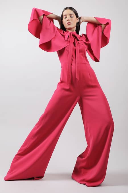 Swatee Singh_Pink Crepe High Cape Jumpsuit _Online_at_Aza_Fashions