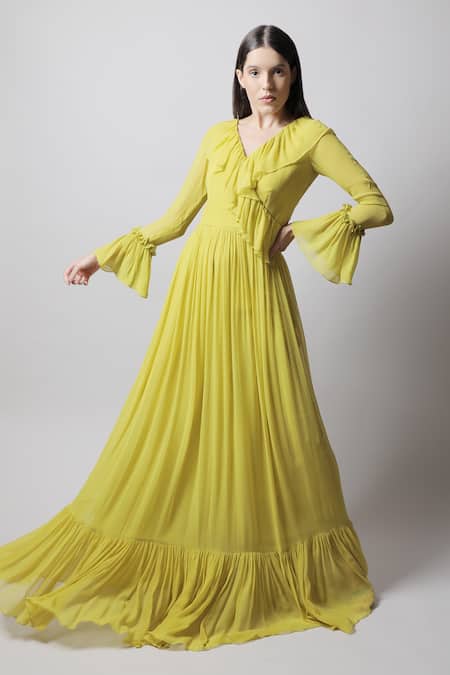 Buy Green Georgette V Neck Ruffle Maxi Gown For Women by Swatee