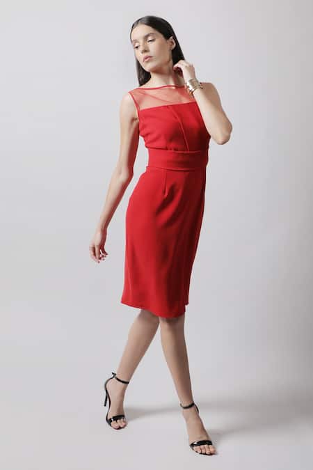 Swatee Singh_Red Crepe Straight Panelled Dress _Online_at_Aza_Fashions