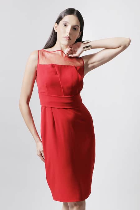 Shop_Swatee Singh_Red Crepe Straight Panelled Dress _Online_at_Aza_Fashions