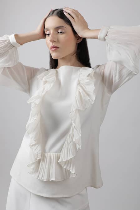 Swatee Singh White Crepe Boat Textured Frill Top 