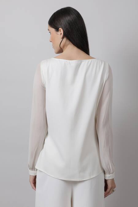 Shop_Swatee Singh_White Crepe Boat Textured Frill Top _at_Aza_Fashions