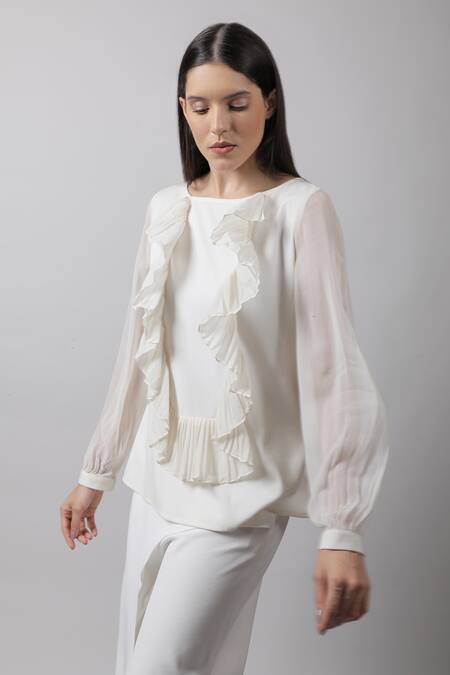 Swatee Singh_White Crepe Boat Textured Frill Top _Online_at_Aza_Fashions