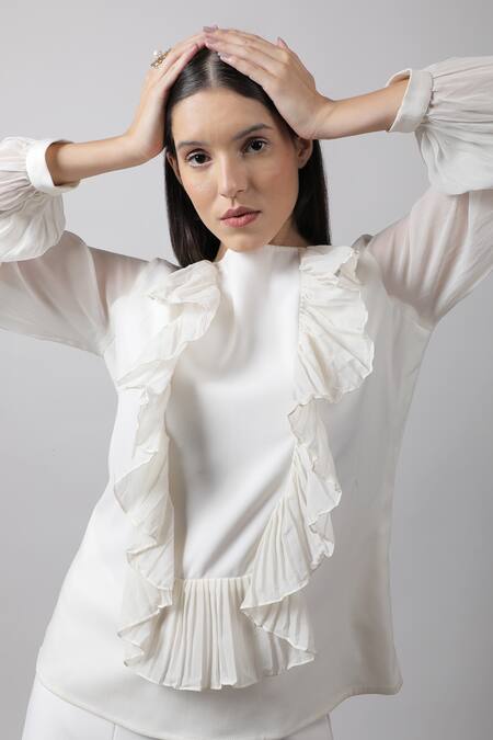 Buy_Swatee Singh_White Crepe Boat Textured Frill Top _Online_at_Aza_Fashions