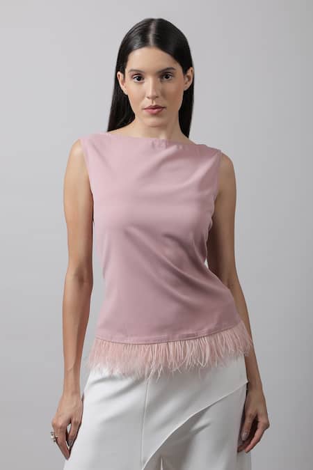 Shop Swatee Singh Pink Crepe Feathers Straight Fringe Top at Aza Fashions Shop_Swatee Singh_Pink Crepe Feathers Straight Fringe Top _at_Aza_Fashions