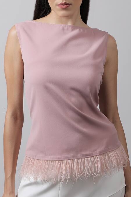 Swatee Singh Pink Crepe Feathers Straight Fringe Top Online at Aza Fashions Swatee Singh_Pink Crepe Feathers Straight Fringe Top _Online_at_Aza_Fashions